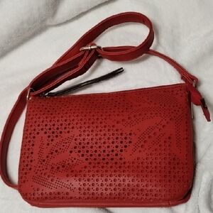 Kate & Alex Italian  Red Laser-Cut Leather Crossbody Bag! Mama's NEW Never Used!